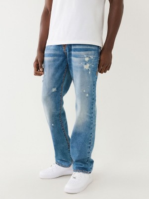 Medium Wash With Rips True Religion Ricky Beach Splatter Distressed Straight Jeans | 4721-TQXSV