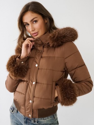 Muse Dark Brown True Religion Faux Fur Trim Puffer Jacket | 1608-BIFWG