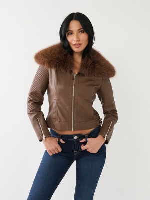 Muse Dark Brown True Religion Fur Trim Faux Leather Moto Jacket | 4136-KOEGZ