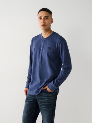 Navy/Heather Grey True Religion Logo Henley Shirts | 3502-XJAVZ