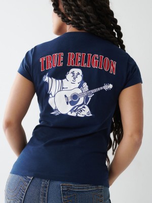 Navy/Sapphire True Religion Buddha Logo V T Shirts | 7805-CKVDX