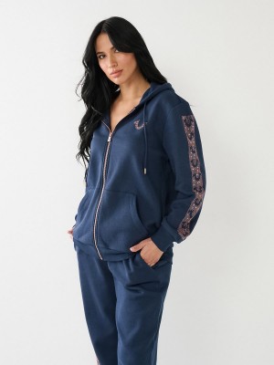 Navy/Sapphire True Religion Crystal Horseshoe Boyfriend Zip Hoodie | 5067-BVJCF