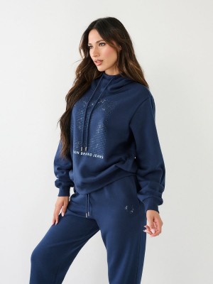 Navy/Sapphire True Religion Crystal Relaxed Hoodie | 3971-SPRBE