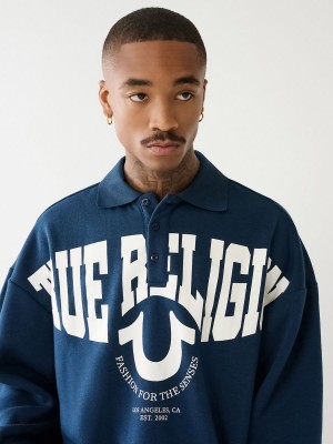 Navy/Sapphire True Religion Logo Rugby Sweatshirt | 6145-OQKUM