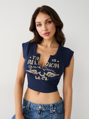 Navy/Sapphire True Religion Notch Crop T Shirts | 7530-FSMEP