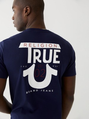 Navy True Religion Logo T Shirts | 7860-VUDPX