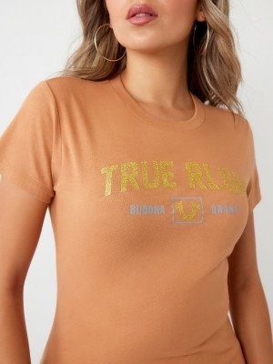 Orange Peel True Religion Glitter Rlgn Buddha Logo T Shirts | 3501-ZTJSI