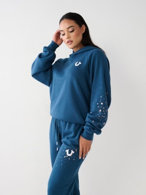 Petrol Blue True Religion Splatter Paint Logo Relaxed Hoodie | 6415-VIZOX