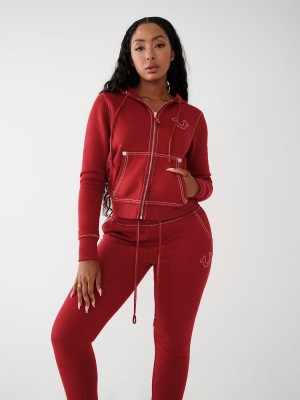 Ruby Red True Religion Big T Stitch Logo Zip Hoodie | 0783-MVZGF