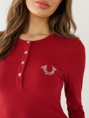 Ruby Red True Religion Crystal Horseshoe Logo Henley Shirts | 1345-HTEVL