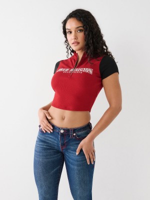 Ruby Red True Religion Half Zip Crop Top | 2819-JYCUH