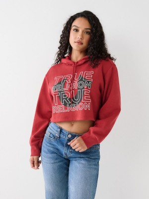 Ruby Red True Religion Logo Crop Hoodie | 8372-VTGYI