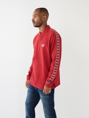 Ruby Red True Religion Long Sleeve Logo Polo Shirts | 7349-PDTOK