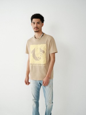 Scuffed Beige True Religion Horseshoe Logo T Shirts | 3124-IBOCZ