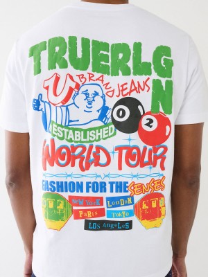 White True Religion Billiard Buddha Logo T Shirts | 8351-MISAX