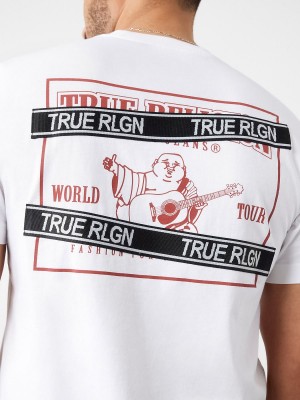 White True Religion Buddha Logo Rlgn Tape T Shirts | 9123-BXVLU