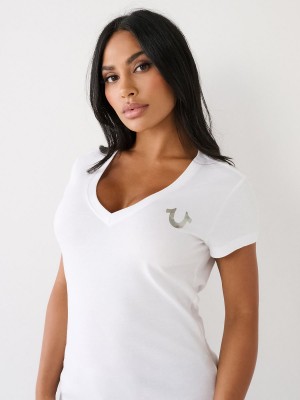 White True Religion Buddha Logo V T Shirts | 3750-ONQZE