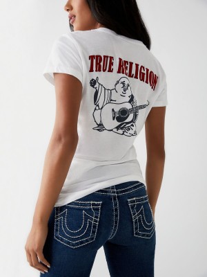 White True Religion Buddha Logo V T Shirts | 5937-IXGOR