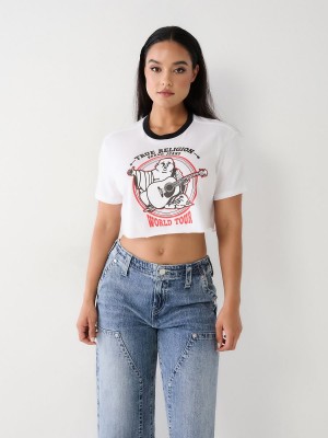 White True Religion Buddha Ringer Crop T Shirts | 9245-SZDGI