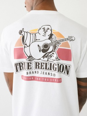 White True Religion Buddha Sunrise Logo T Shirts | 8076-MGVNS