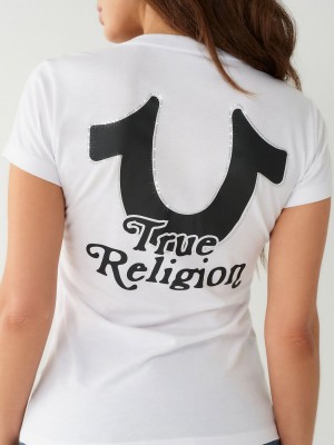 White True Religion Crystal Horseshoe V T Shirts | 9014-ELZQT