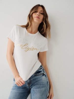 White True Religion Crystal Logo T Shirts | 0246-WLBSQ