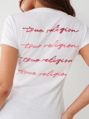 White True Religion Crystal V T Shirts | 6579-ZSLPE