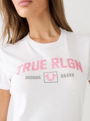 White True Religion Glitter Rlgn Buddha Logo T Shirts | 4512-CFNRL