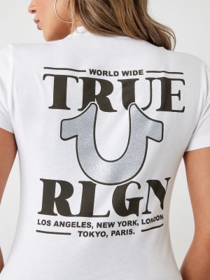 White True Religion Glitter World Wide Logo T Shirts | 4560-HMGXD