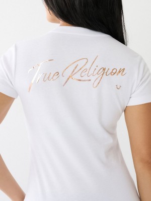 White True Religion Hologram Glitter T Shirts | 0943-KYRFH