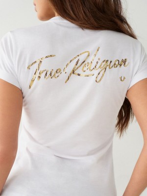 White True Religion Logo V T Shirts | 0815-NPQXD