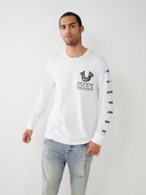 White True Religion Long Sleeve Logo Tour T Shirts | 9023-YBAZG