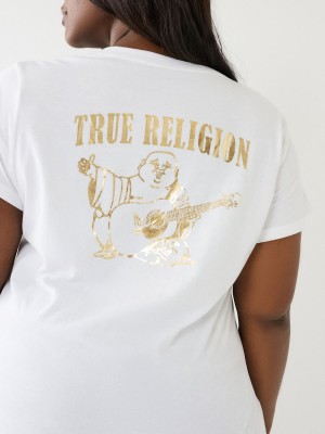 White True Religion Metallic Buddha Logo V Neck T Shirts | 5389-AMBUX