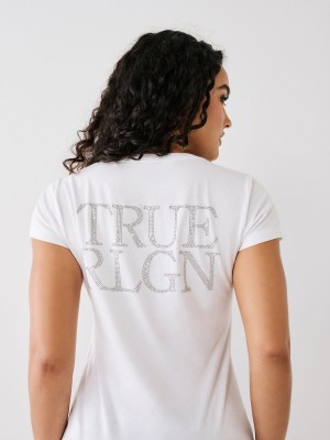 White True Religion Studded Logo V T Shirts | 7459-VICKS