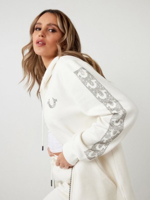 Winter White True Religion Crystal Horseshoe Boyfriend Zip Hoodie | 5347-BGNKZ