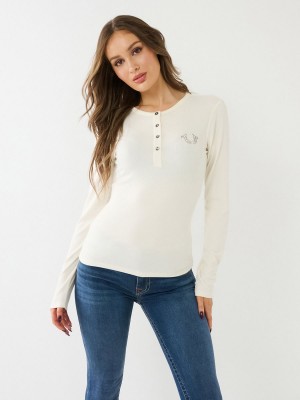 Winter White True Religion Crystal Horseshoe Logo Henley Shirts | 9358-AKHXW