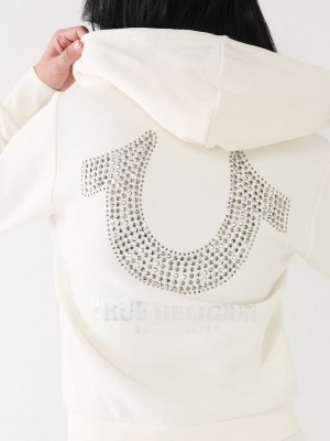 Winter White True Religion Crystal Horseshoe Zip Hoodie | 7250-WSENP