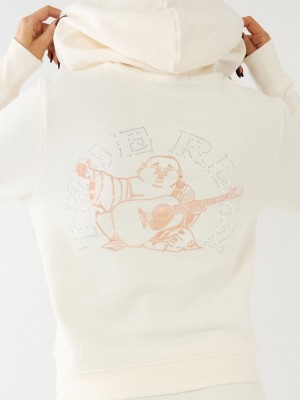 Winter White True Religion Crystal Rlgn Logo Hoodie | 7514-RIXQY