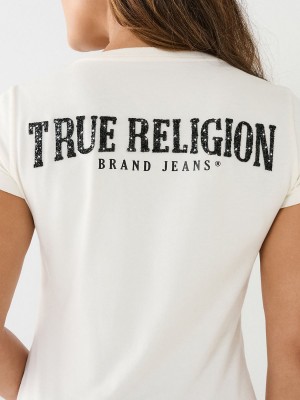 Winter White True Religion Crystal V Neck Logo T Shirts | 8712-JOQBP