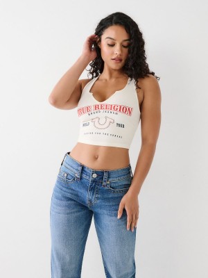 Winter White True Religion Notch Crop Logo Tanks | 3491-VQCME