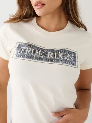 Winter White True Religion Sequin Logo T Shirts | 3746-SIHYB