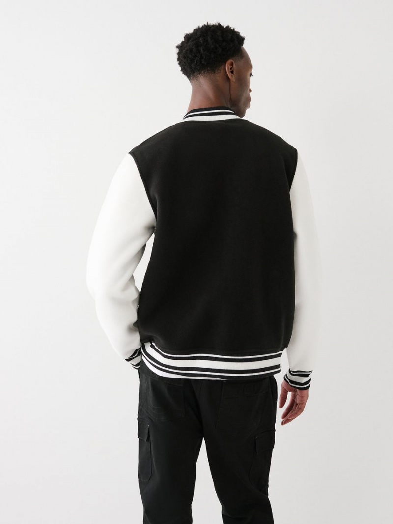 Black/White True Religion Fleece Varsity Jacket | 9056-JZLSQ