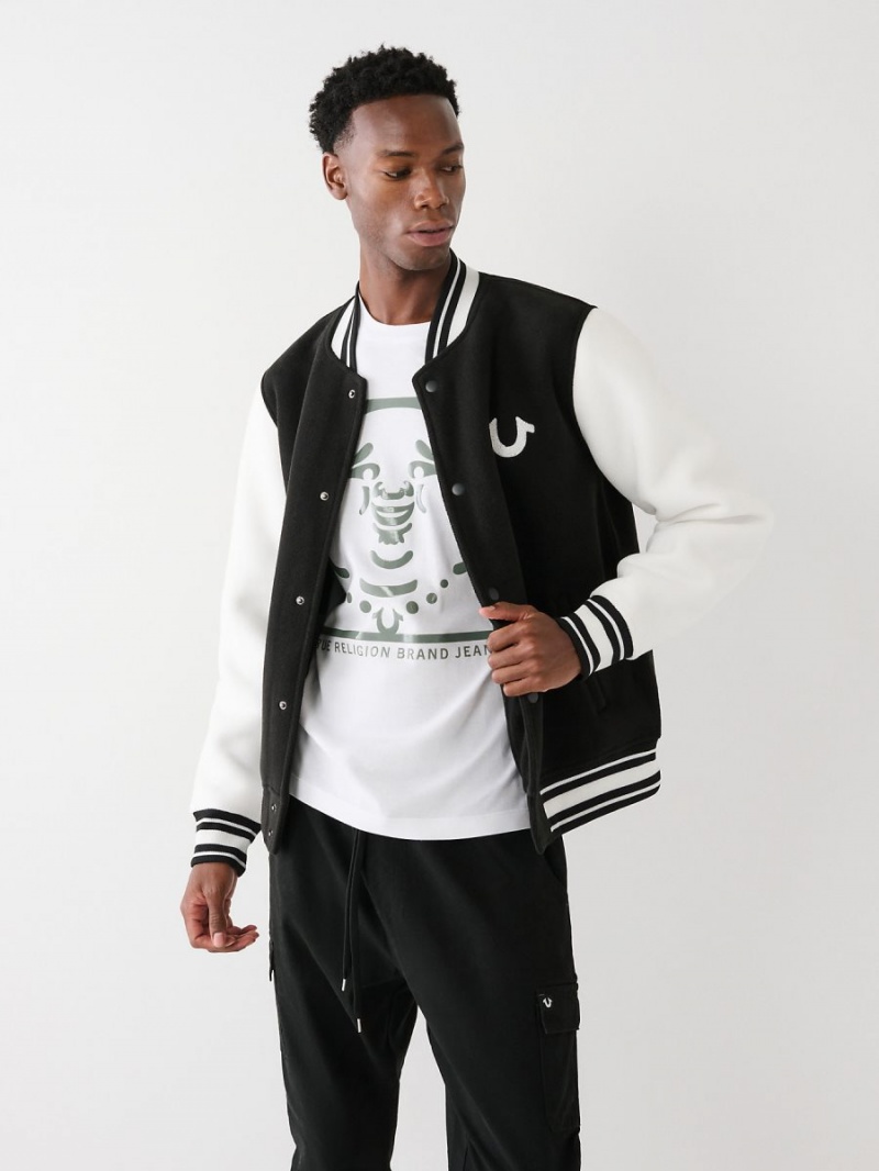 Black/White True Religion Fleece Varsity Jacket | 9056-JZLSQ