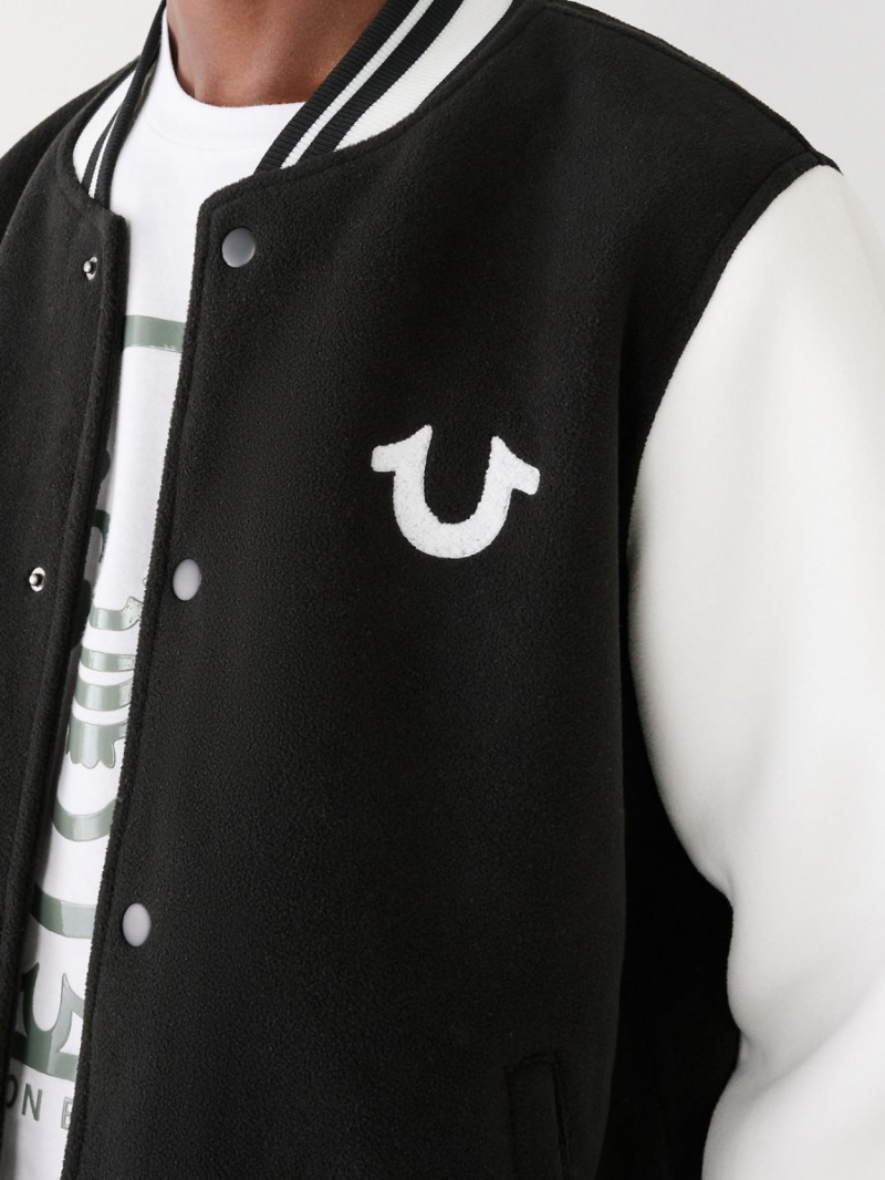 Black/White True Religion Fleece Varsity Jacket | 9056-JZLSQ