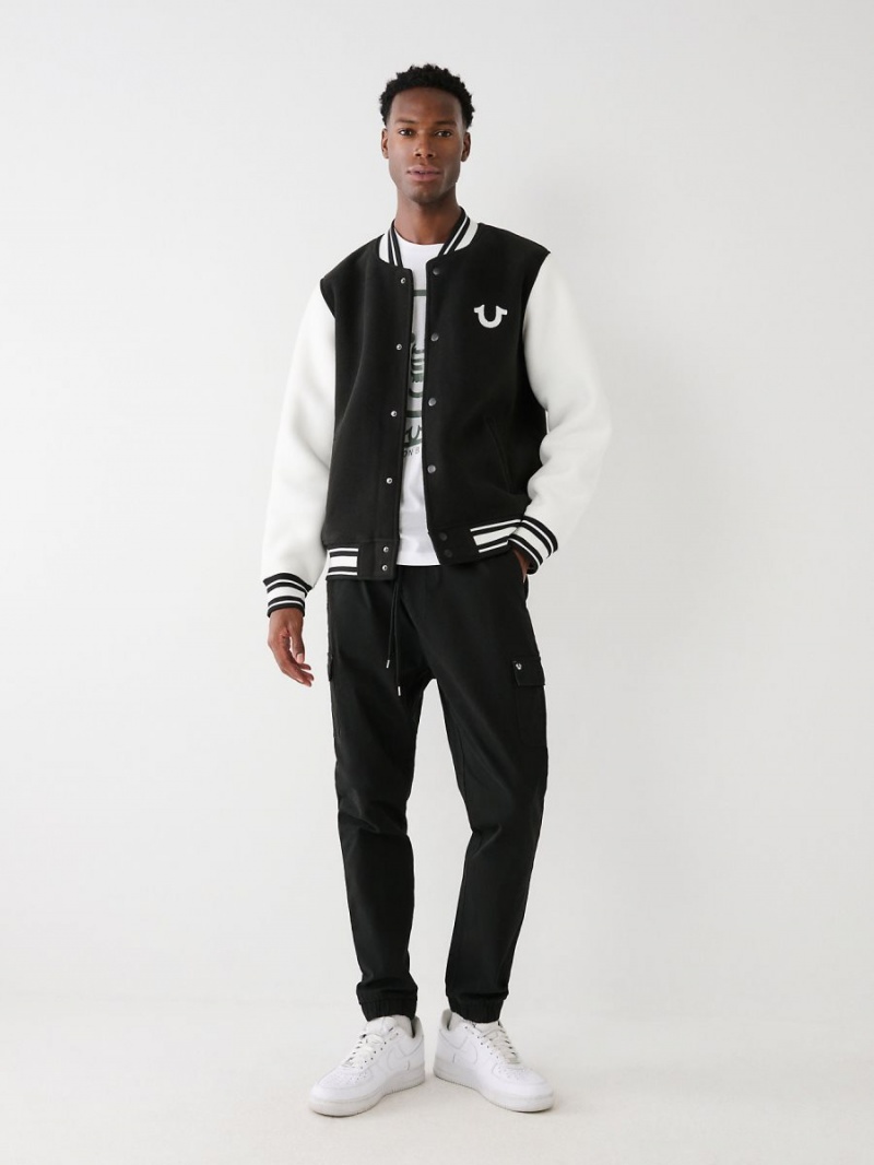 Black/White True Religion Fleece Varsity Jacket | 9056-JZLSQ