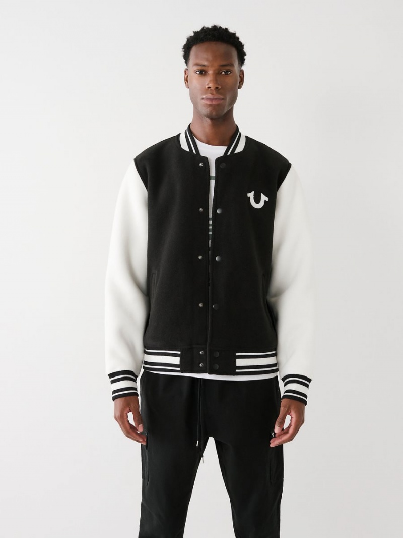 Black/White True Religion Fleece Varsity Jacket | 9056-JZLSQ