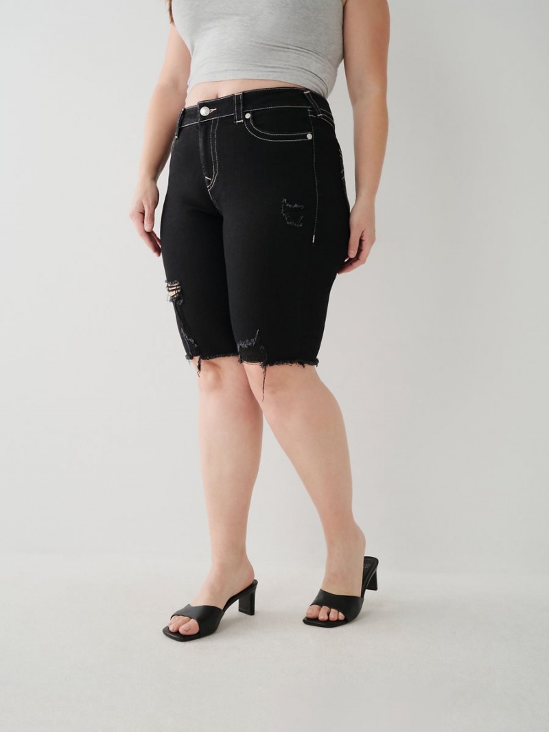 Black Rinse Destroy True Religion Riley Knee Shorts | 9506-PAFNZ