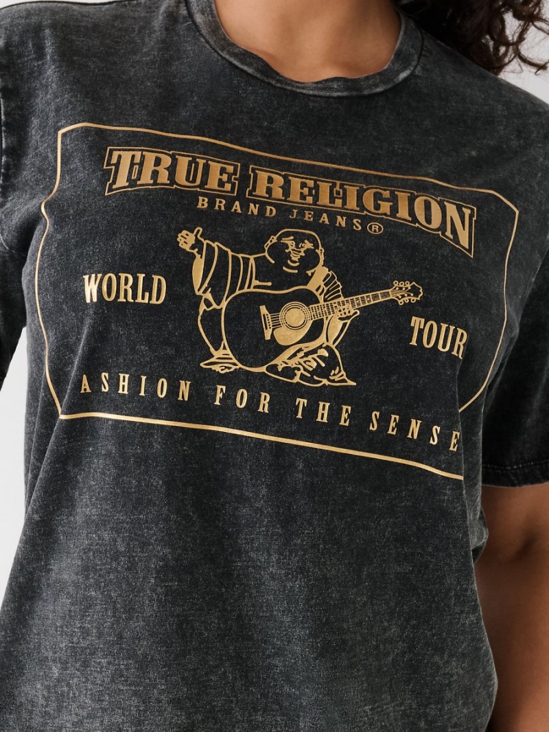 Black True Religion Acid Wash Logo Relaxed T Shirts | 5326-BRECH