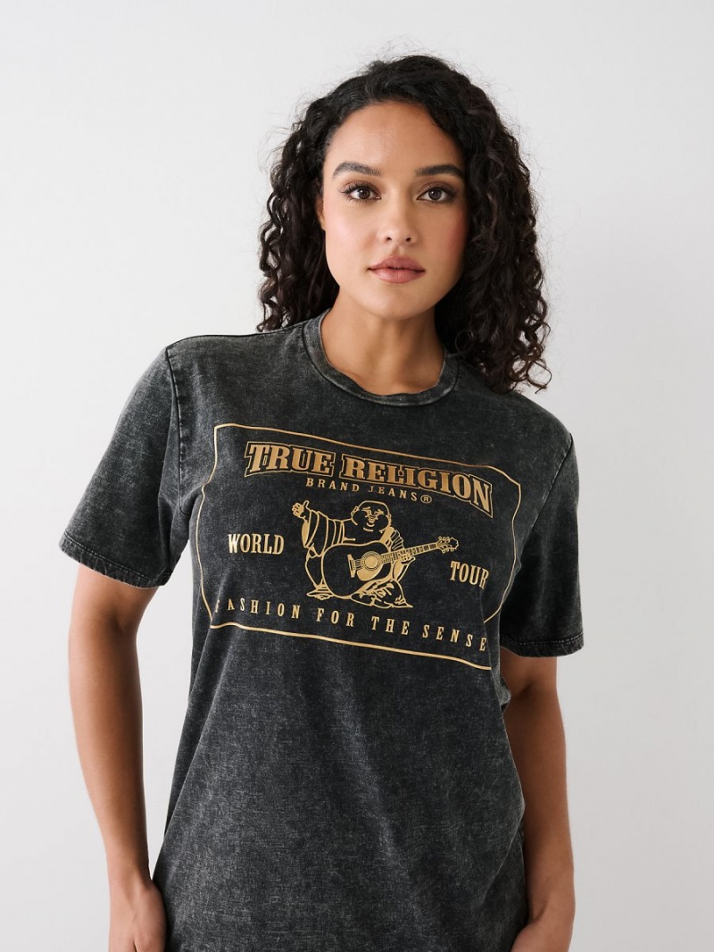 Black True Religion Acid Wash Logo Relaxed T Shirts | 5326-BRECH