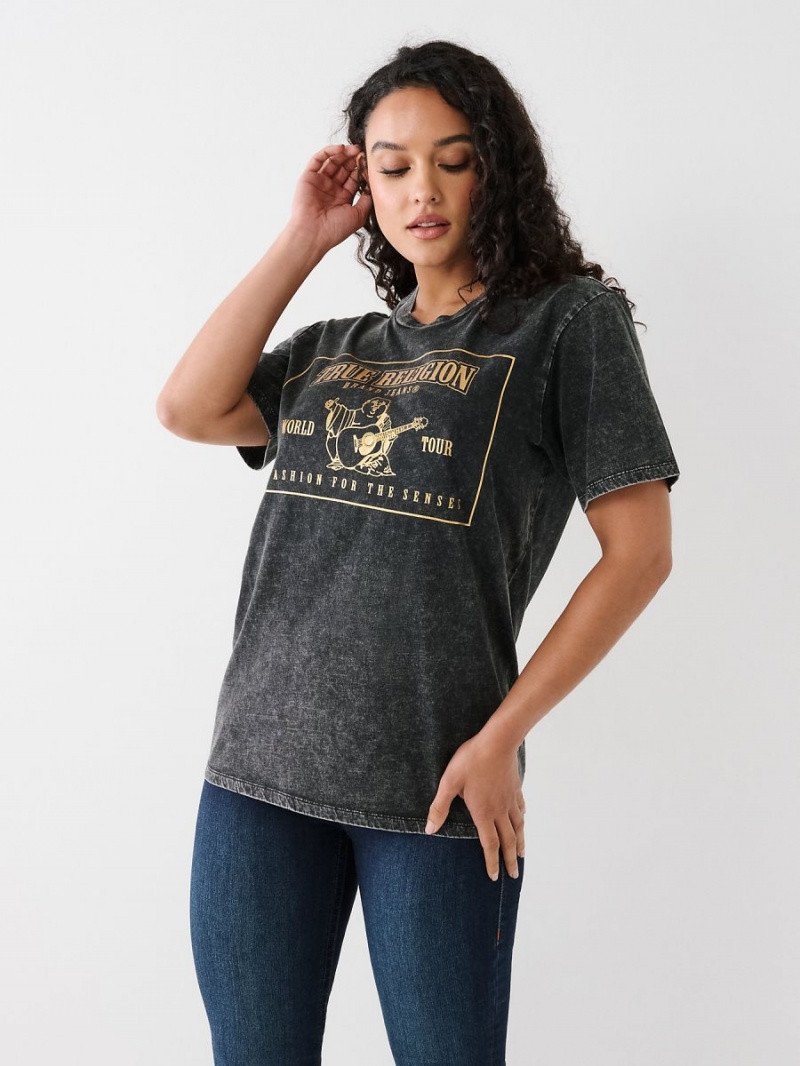 Black True Religion Acid Wash Logo Relaxed T Shirts | 5326-BRECH